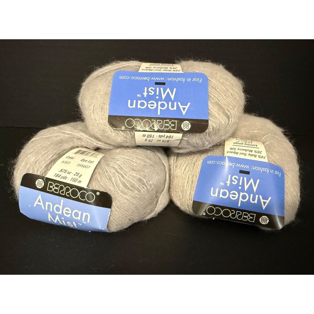 Berroco Andean Mist Lot of 3 Baby Suri Alpaca/Mulberry Silk Yarn Light Gray NEW